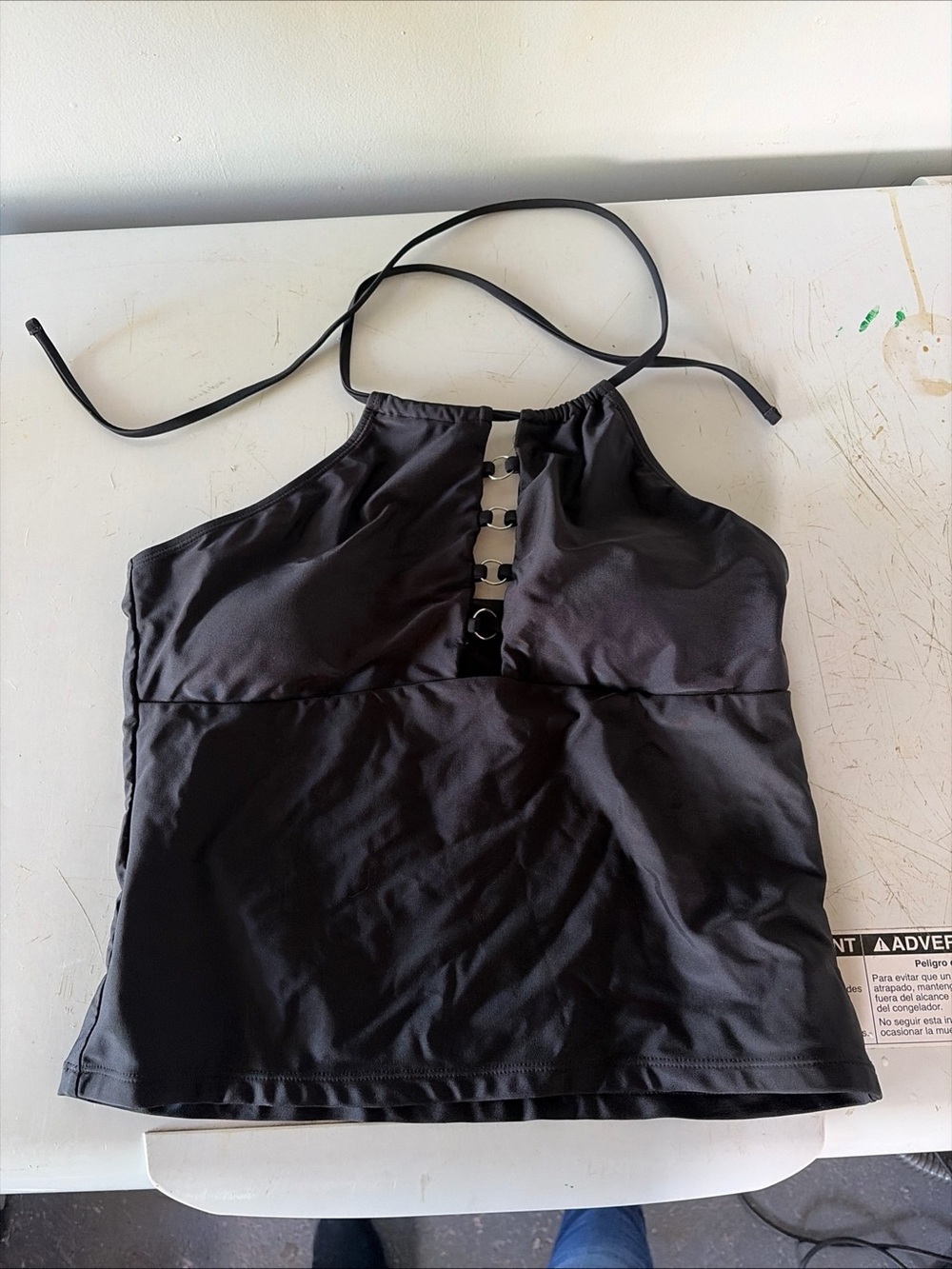 Black Halter Tank Top swim top with Front Ring Detail - Womens large